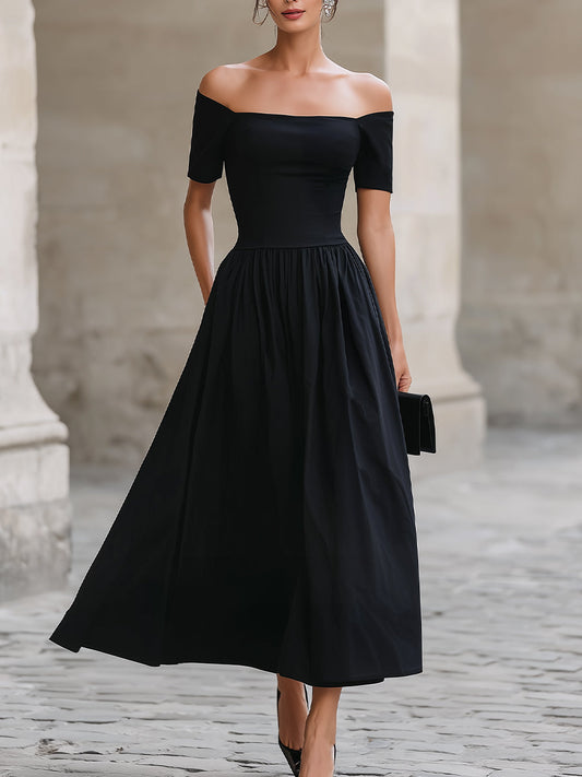 Black Off-the-Shoulder Short-Sleeve Fit-and-Flare Maxi Dress