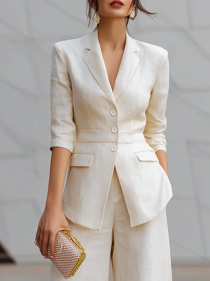 Tailored Linen Blazer And Wide-Leg Trousers Two-Piece Set