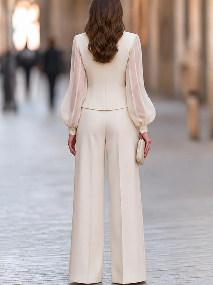Ivory Sheer Sleeve Blazer With Wide Leg Trousers Set