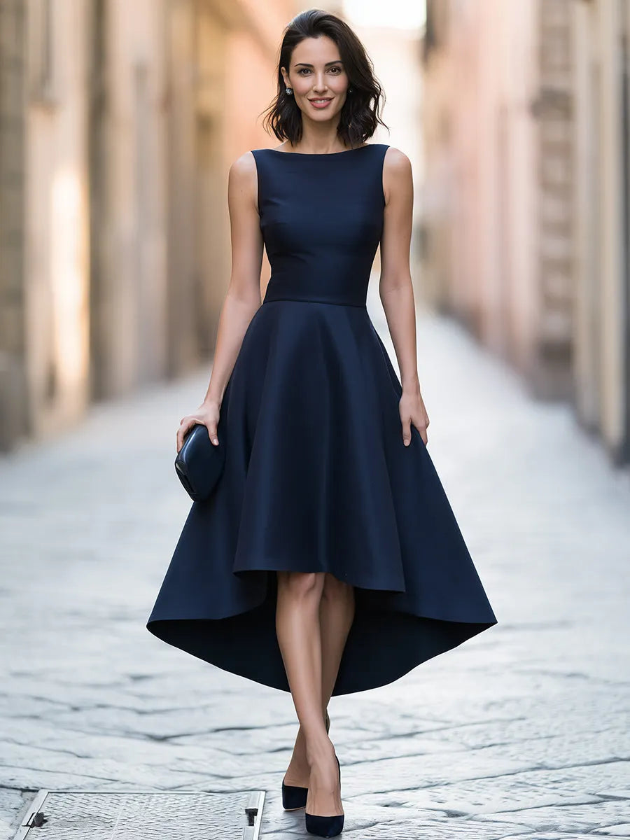 Elegant Boat Neck High-Low A-Line Maxi Dress