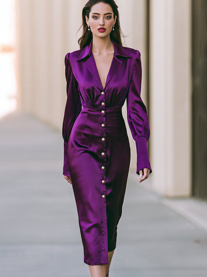 Satin Lapel Button Front Ruched Waist Midi Dress