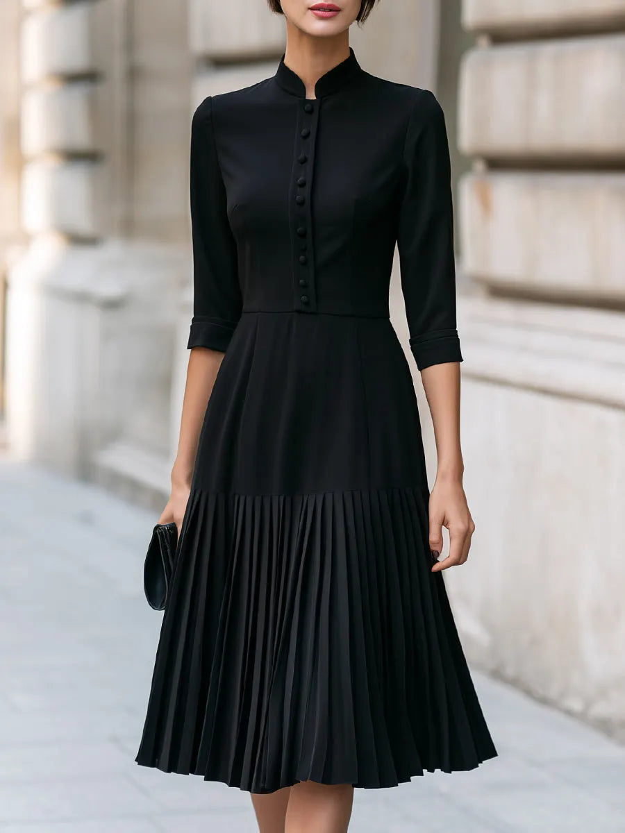 Mandarin Collar Decorative Buttons Pleated Midi Dress