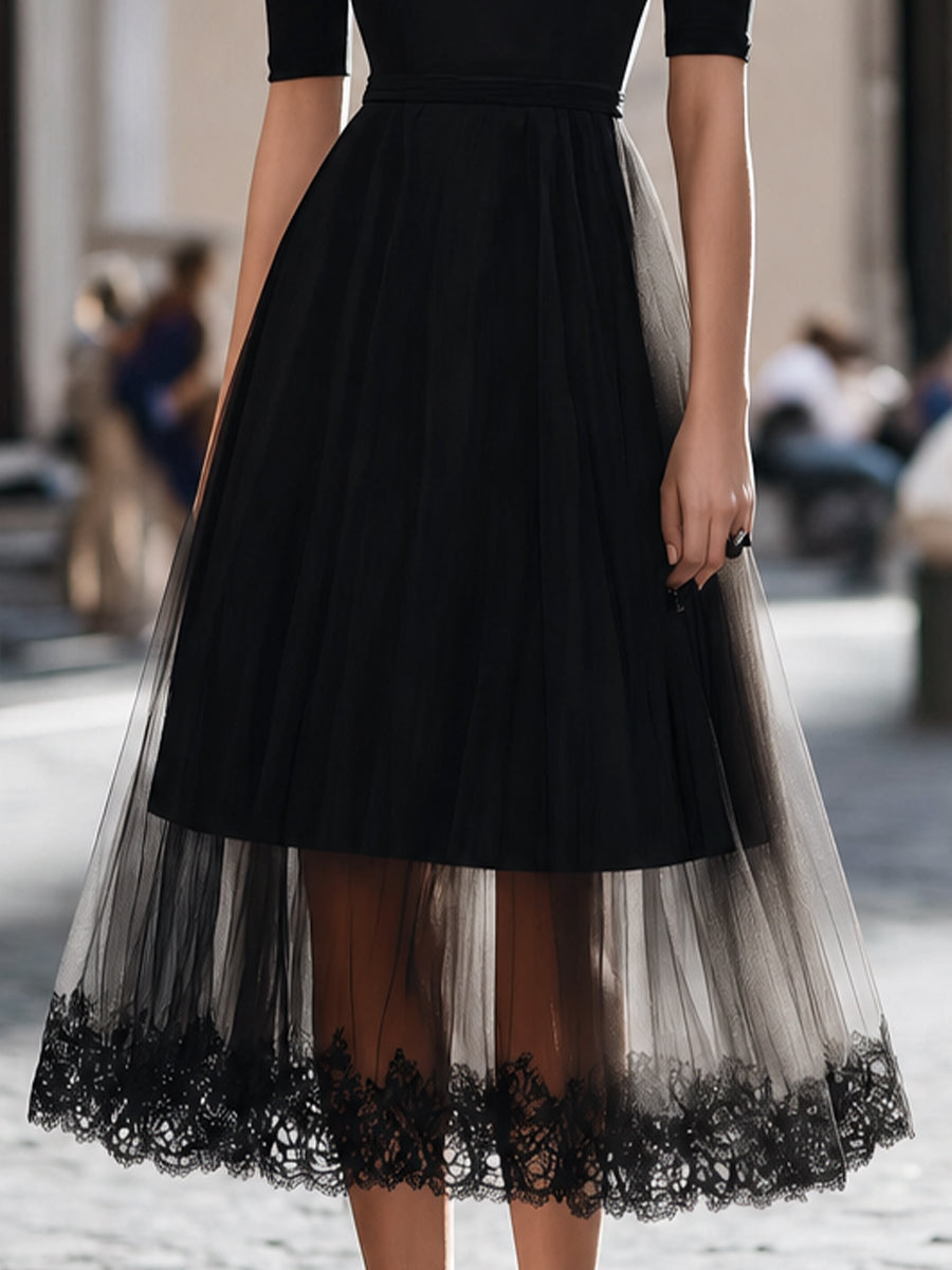 Lace-Trimmed Tulle Overlay A-Line Midi Dress