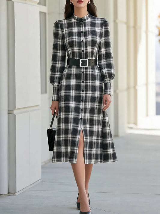 Vintage Black White Plaid Stand Collar Belted Midi Shirt Dress