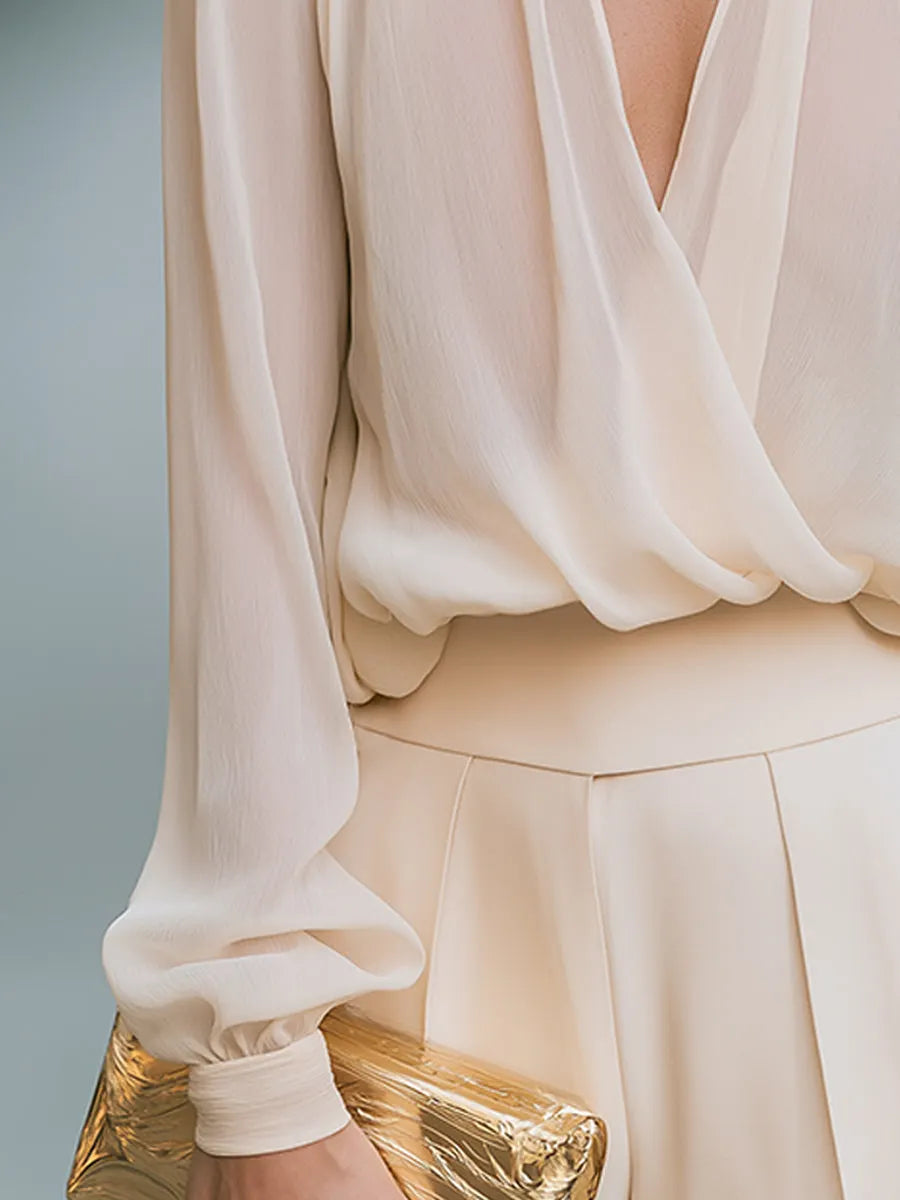 Draped Chiffon V-Neck Wrap Shirt