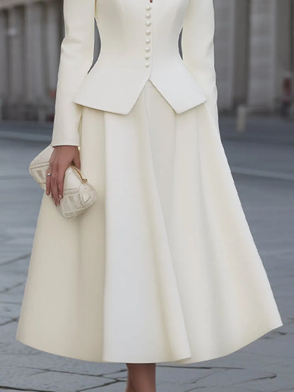 Button-Front Structured Blazer And Full Midi Skirt Set