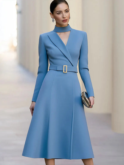 Belted V-Neck Tailored A-Line Midi Dress