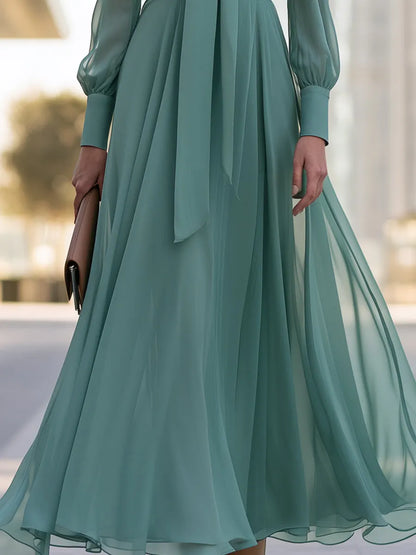 Chiffon Bow-Neck Long-Sleeve Maxi Dress