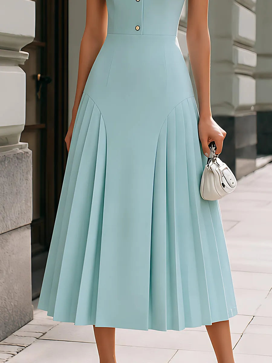 Stand-Collar Button-Front Pleated Midi Dress