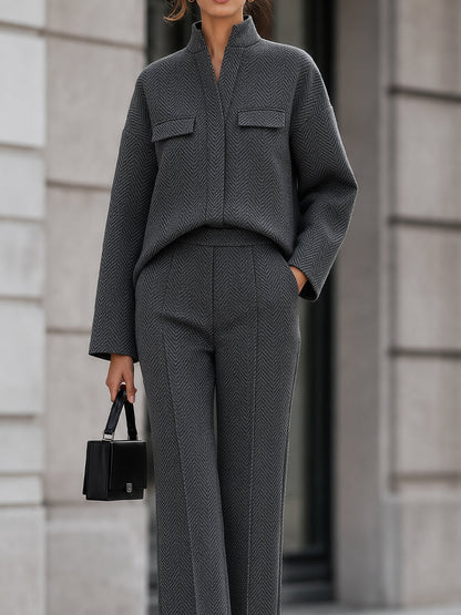 Herringbone Tweed Co Ord Stand Collar Top Wide Leg Pants Suit
