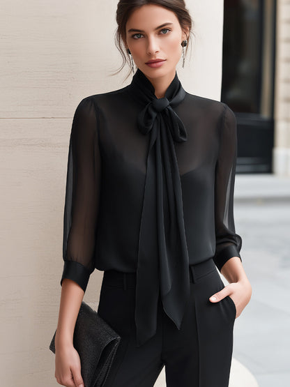 Sheer Sleeve Tie-Neck Chiffon Blouse