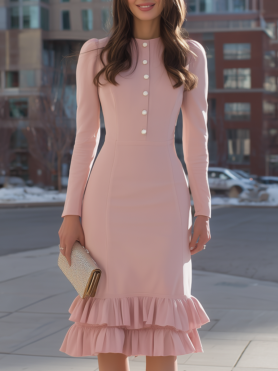 Button-Front Ruffle-Hem Pencil Midi Dress