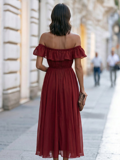 Off-Shoulder Ruffle Chiffon Midi Dress