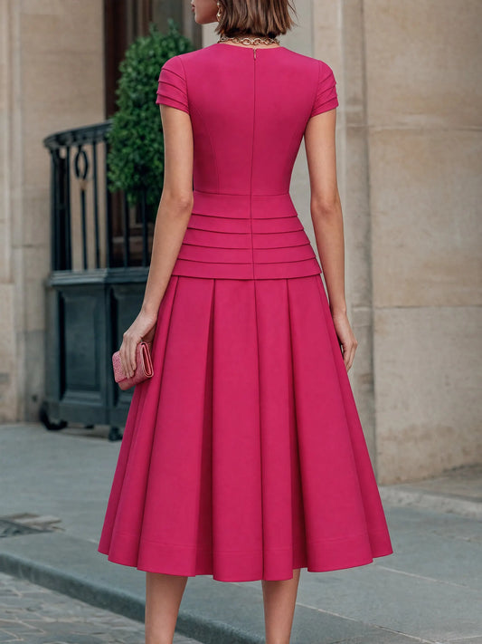 Pleated Layered Waist Flare Midi Dress