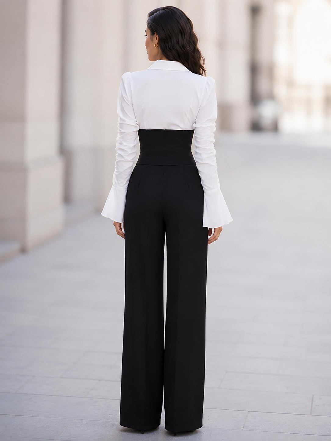 Women's Contrast V-Neck Long Sleeve High Waist Wide Leg Jumpsuit