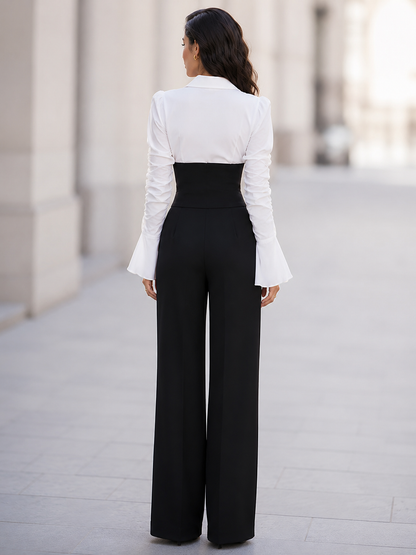 Women's Contrast V-Neck Long Sleeve High Waist Wide Leg Jumpsuit