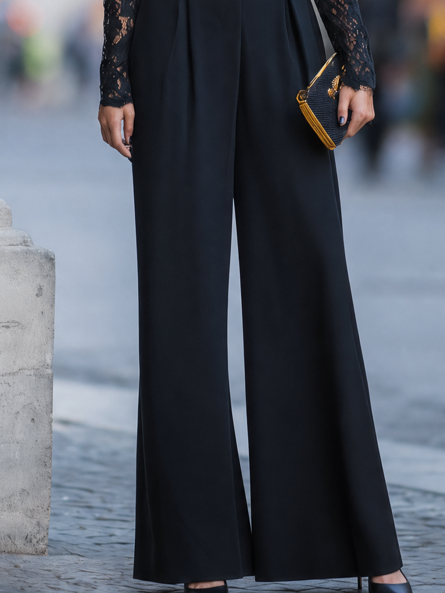 Off-Shoulder Lace-Sleeve Wide-Leg Jumpsuit
