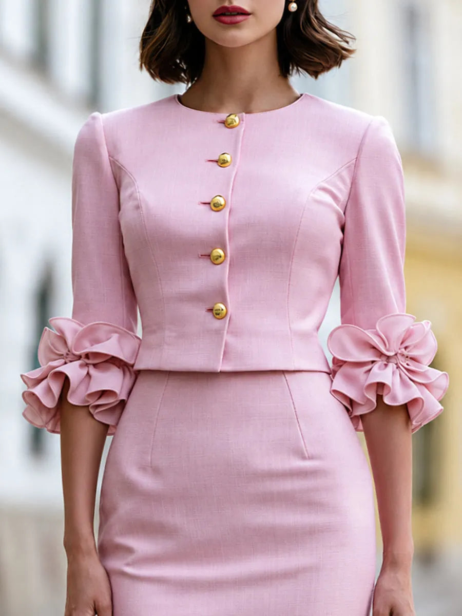Elegant Ruffle Sleeve Blazer And Pencil Skirt Set