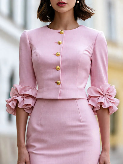 Elegant Ruffle Sleeve Blazer And Pencil Skirt Set