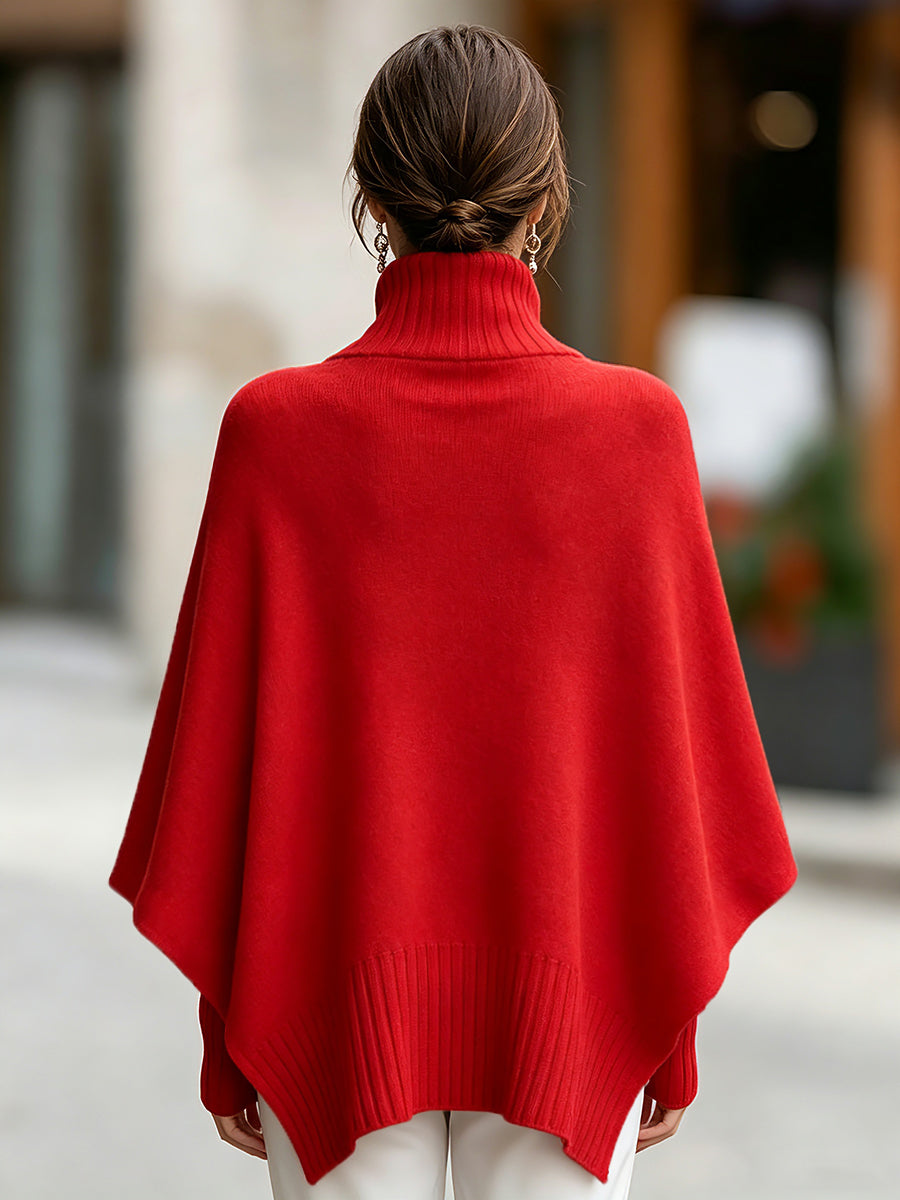 Turtleneck Asymmetrical Knit Poncho Sweater