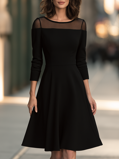 Sheer Yoke Boat-Neck Fit-and-Flare Midi Dress