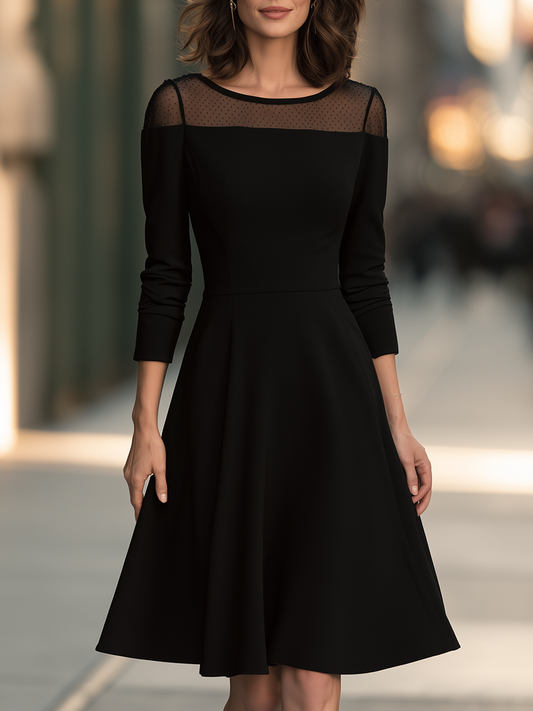 Sheer Yoke Boat-Neck Fit-and-Flare Midi Dress