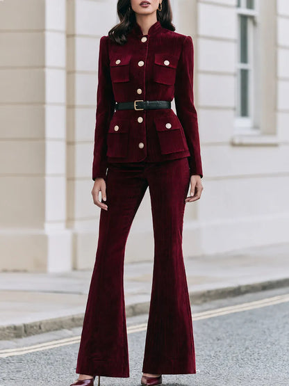 Corduroy Stand Collar Cargo Pocket Belted Jacket & Flare Pants Co-Ord Set
