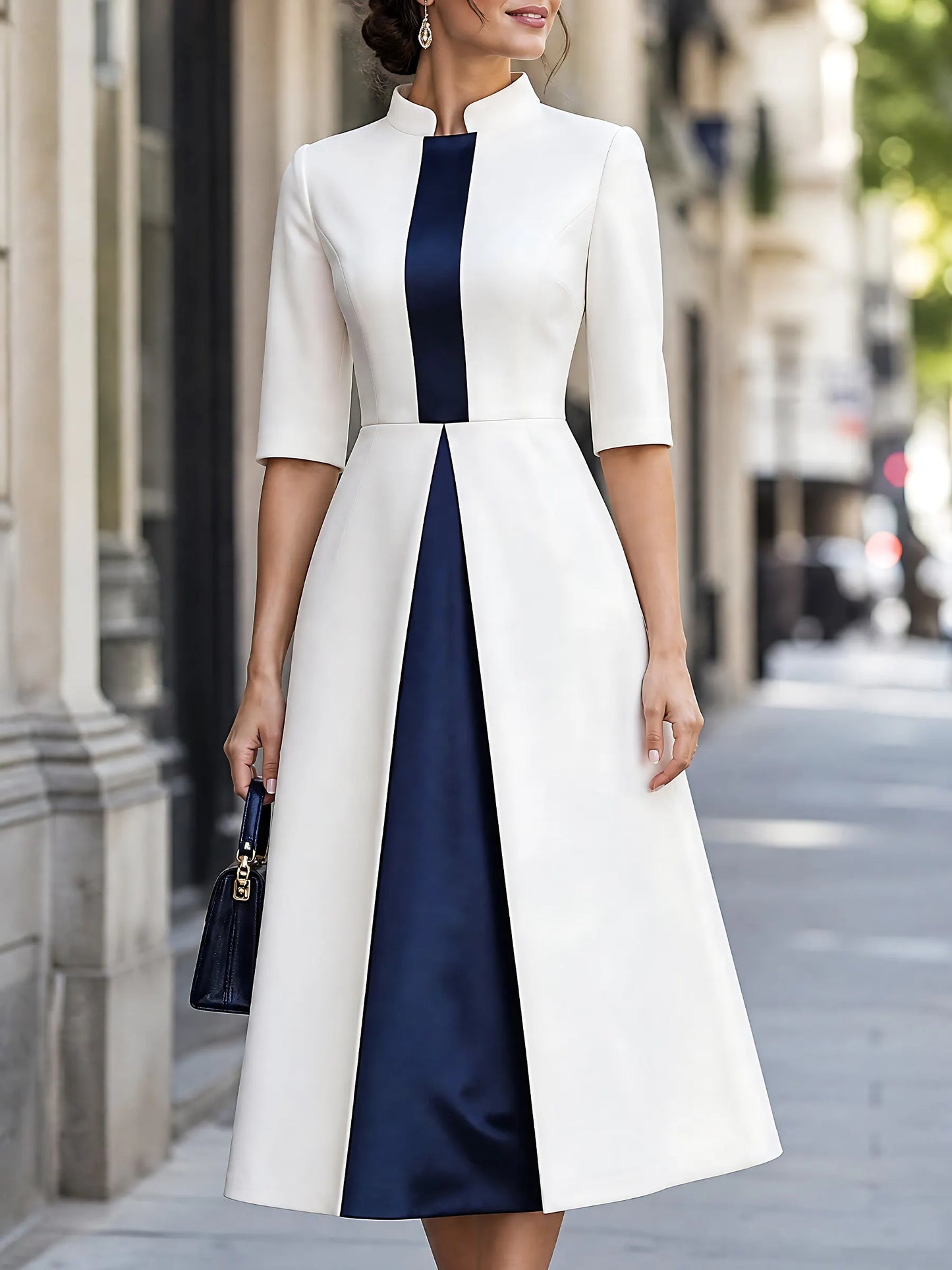 Satin-Panel Stand-Collar Midi Dress