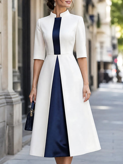 Satin-Panel Stand-Collar Midi Dress