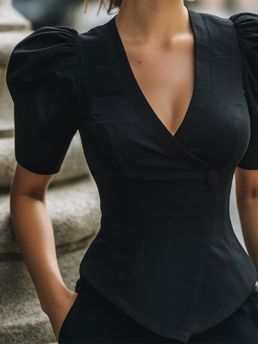 Puff-Sleeve Wrap-Front Tailored Blouse