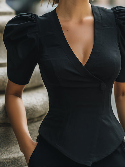 Puff-Sleeve Wrap-Front Tailored Blouse