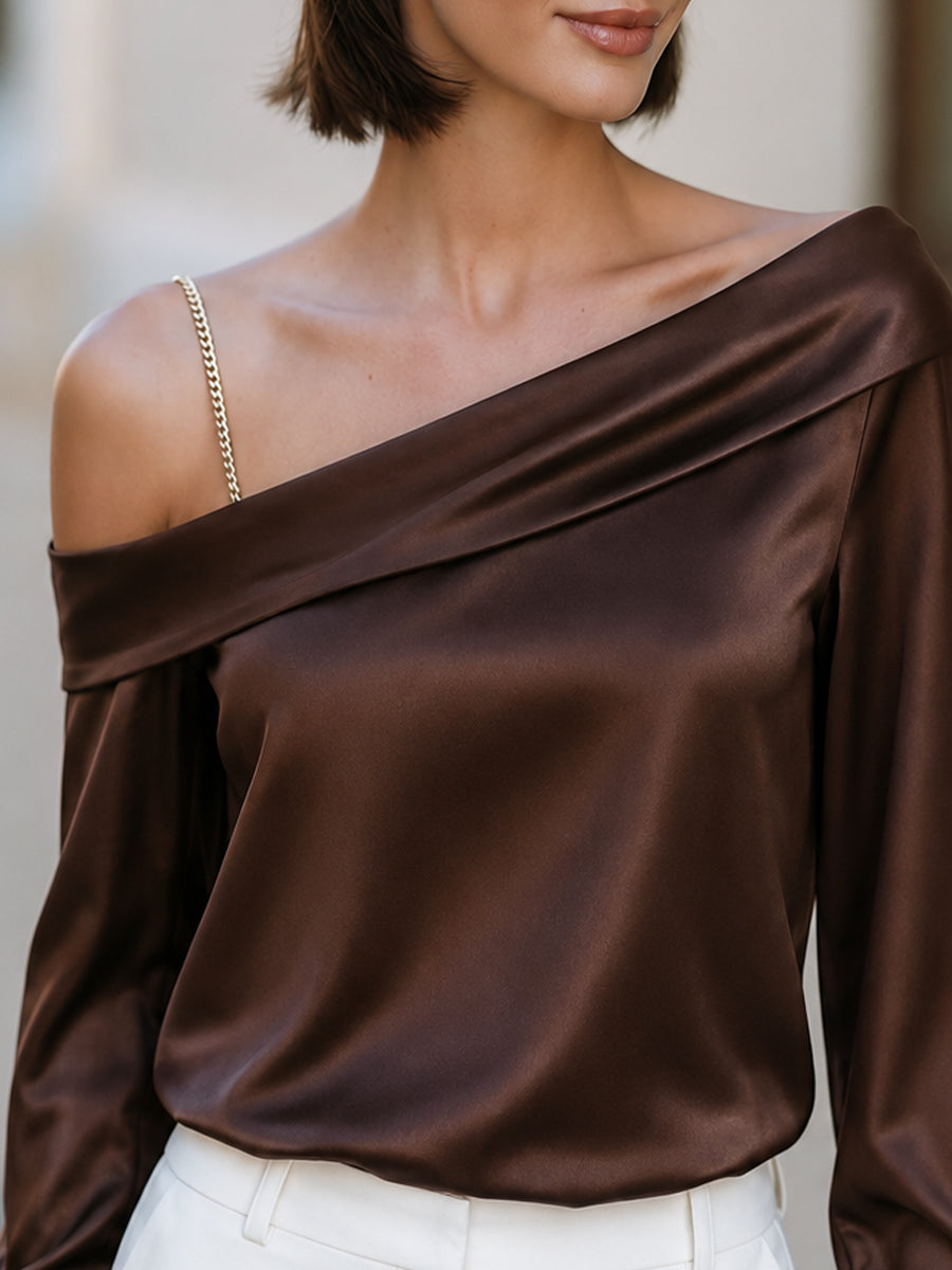 Satin One Shoulder Gold Chain Strap Blouse