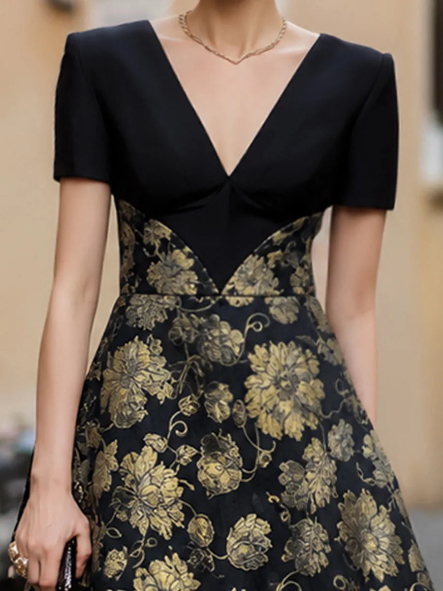 Floral Jacquard V-Neck High-Low Evening Dress