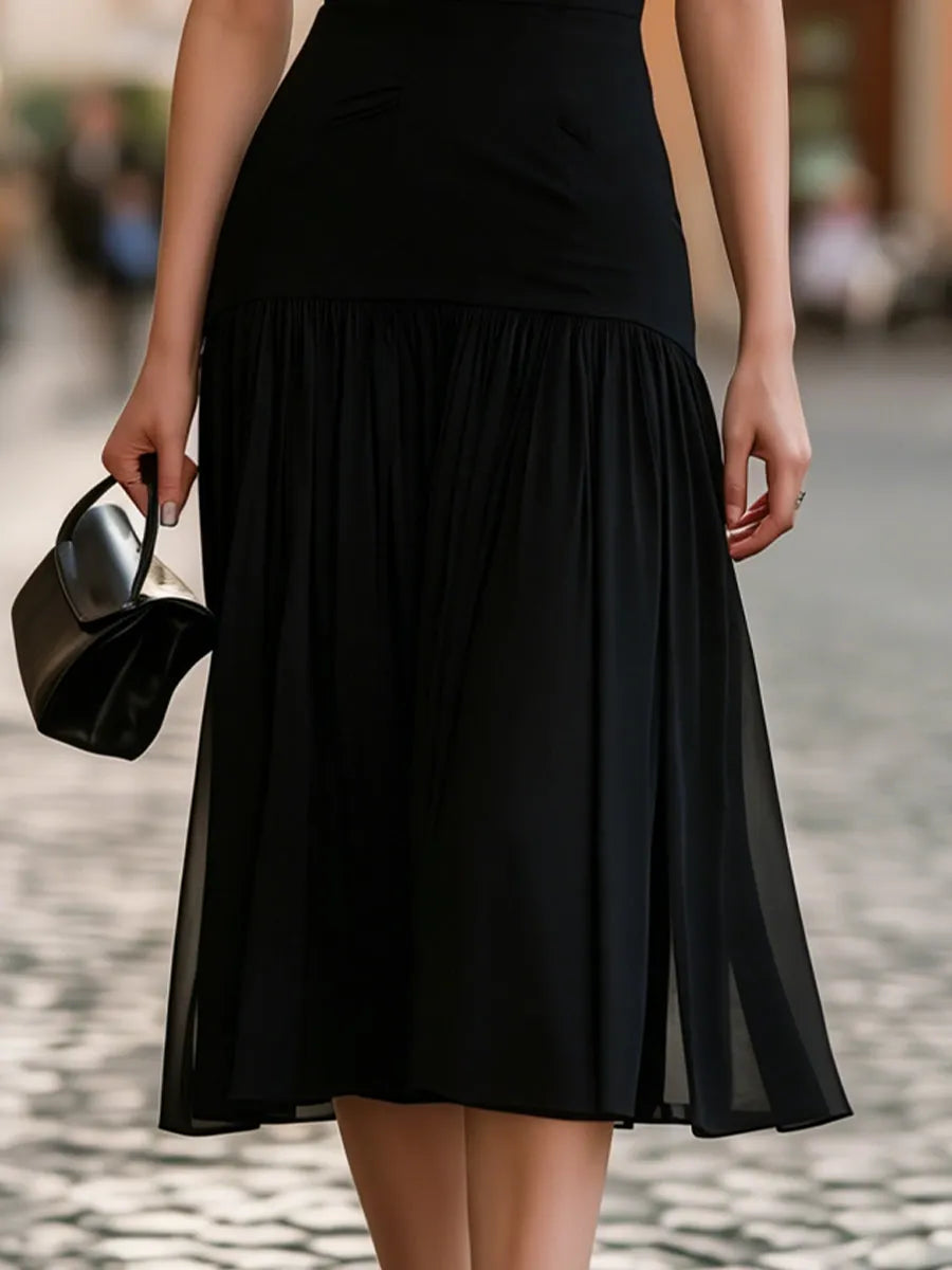 Sleeveless Boat-Neck Combo Midi Dress