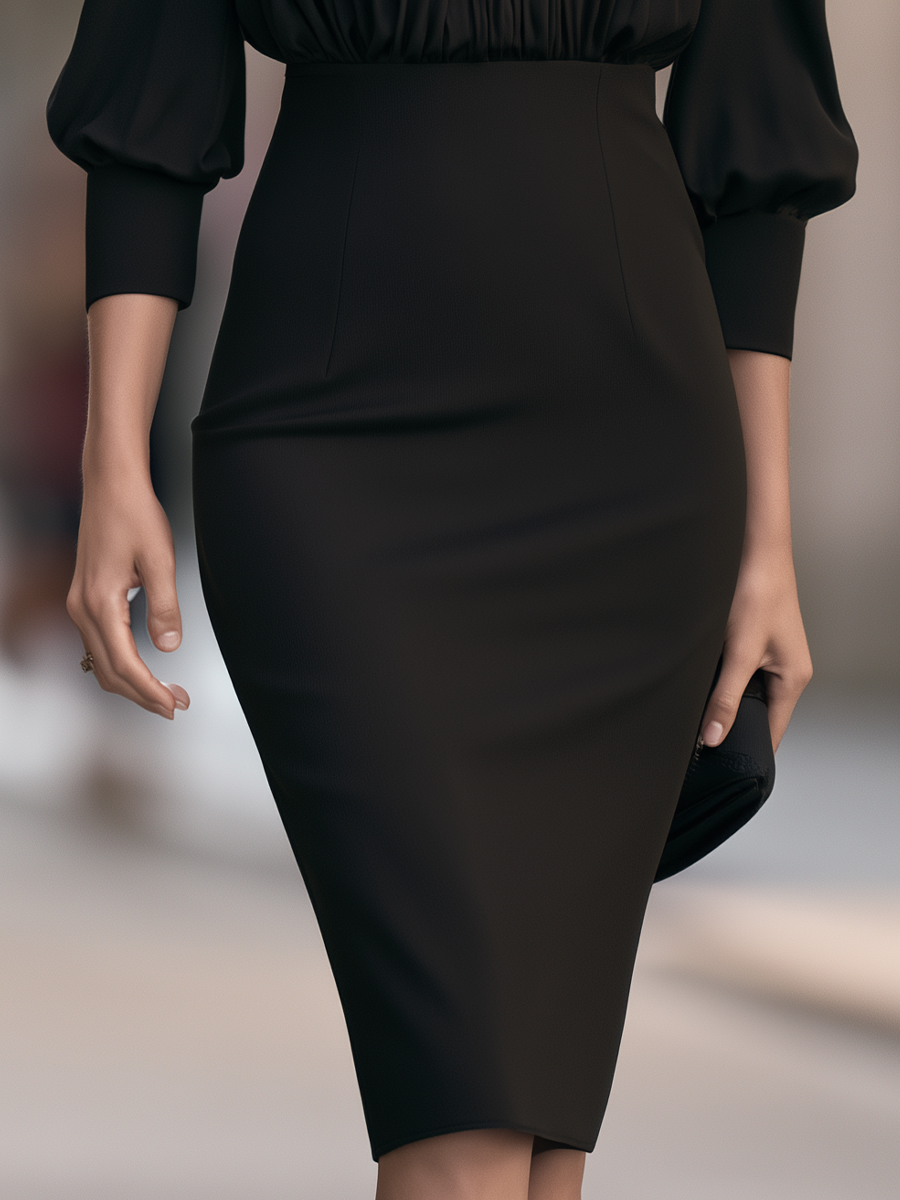 Mock-Neck Pleated Blouson Top and High-Waist Sheath Midi Skirt Set