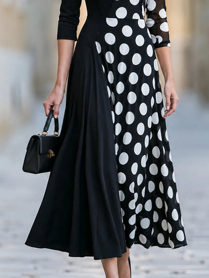 Asymmetrical Polka Dot Mesh Panel Midi Dress