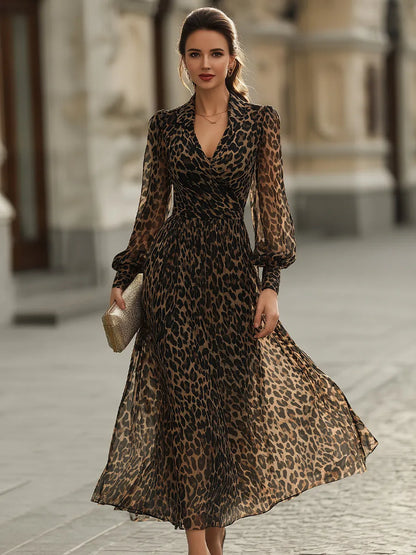 Leopard Print Wrap Midi Dress With Long Sleeves