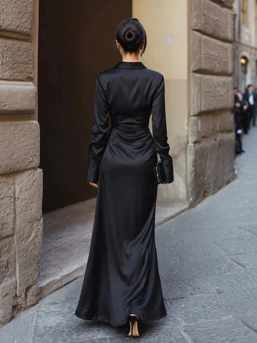 Collared Wrap-Front Tie-Waist Maxi Dress