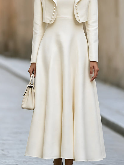 Elegant Pearl-Embellished Cropped Jacket And A-Line Dress Set
