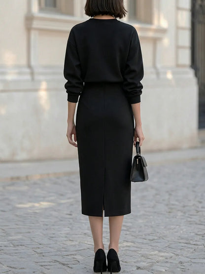 Crew Neck Sweatshirt & High Waist Double Button Midi Pencil Skirt  Set