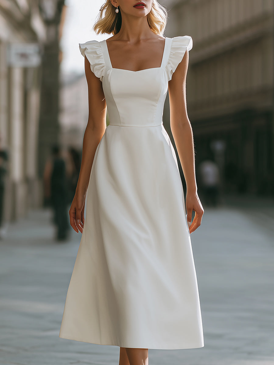 Square Neck Ruffle Strap A-Line Midi Dress