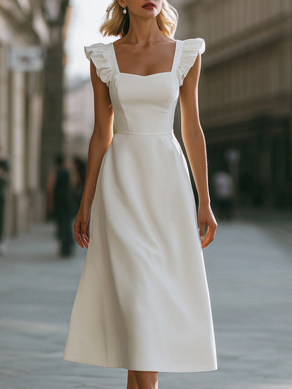 Square Neck Ruffle Strap A-Line Midi Dress