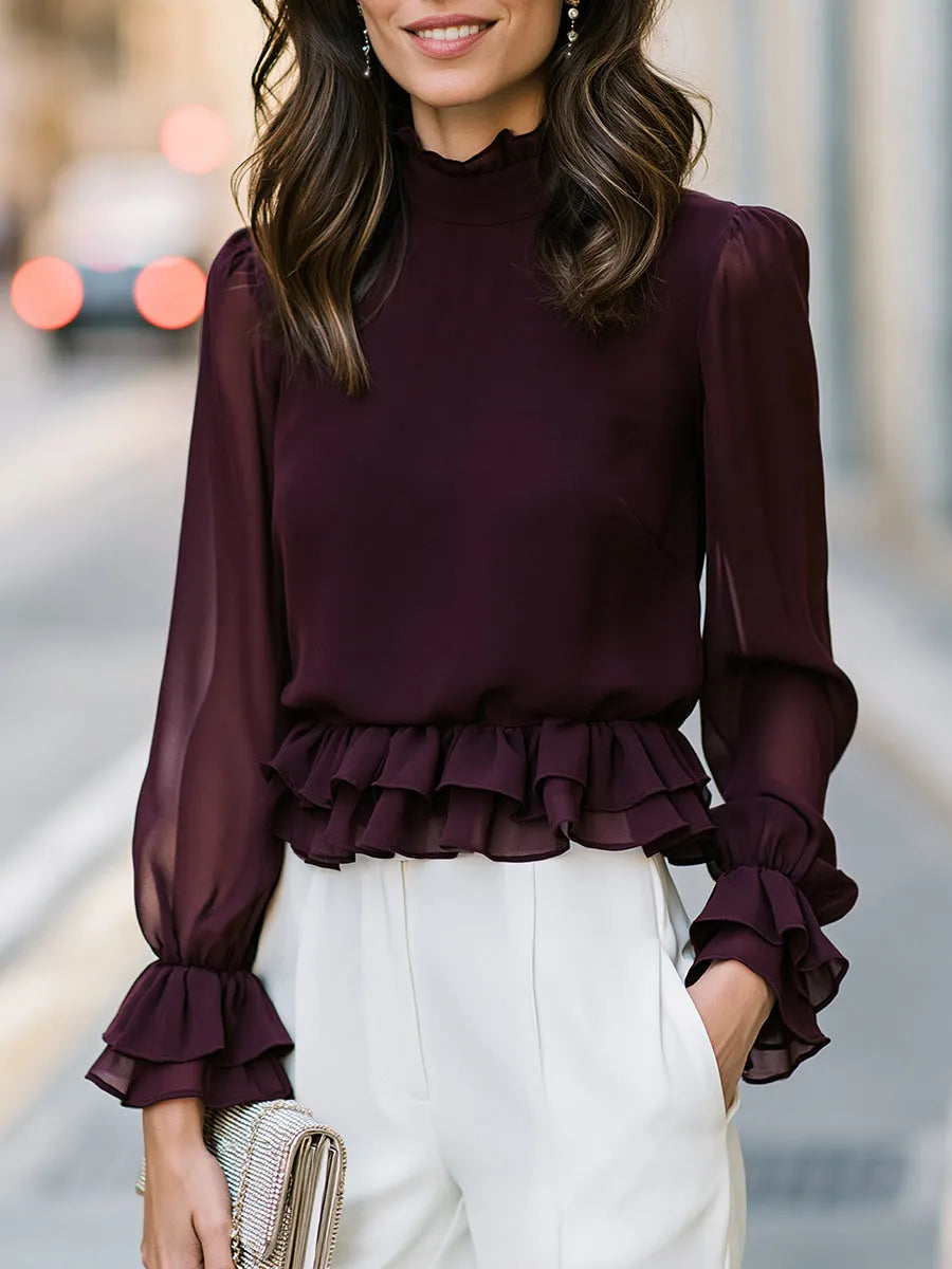 Ruffled Mock Neck Peplum Blouse