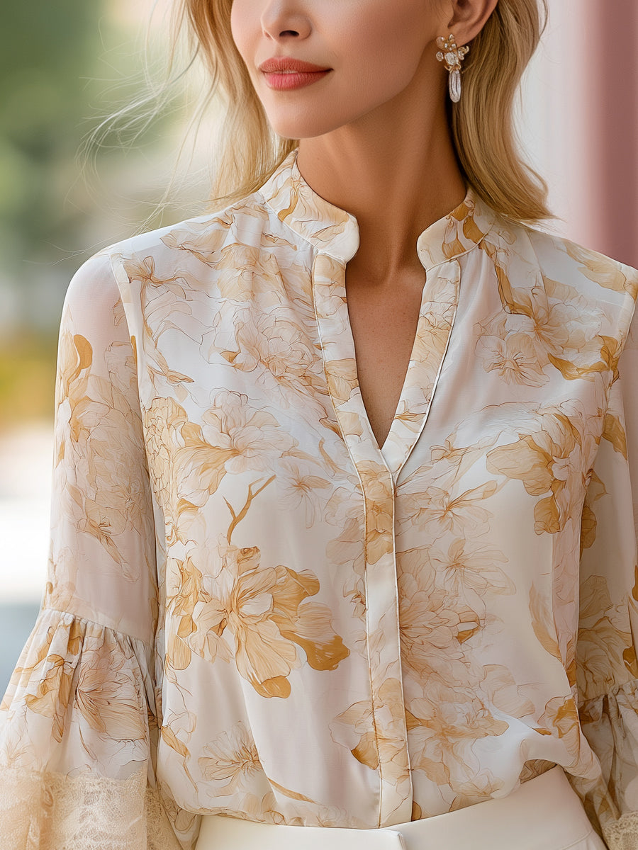 Floral Lace Bell Sleeve V-Neck Chiffon Blouse