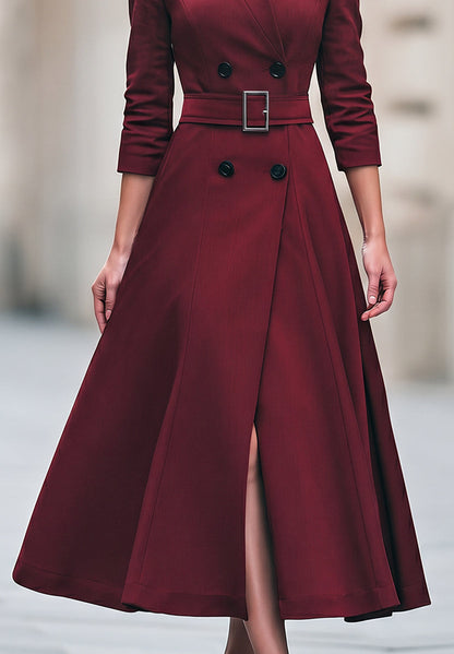 Belted Double-Breasted A-Line Midi Dress