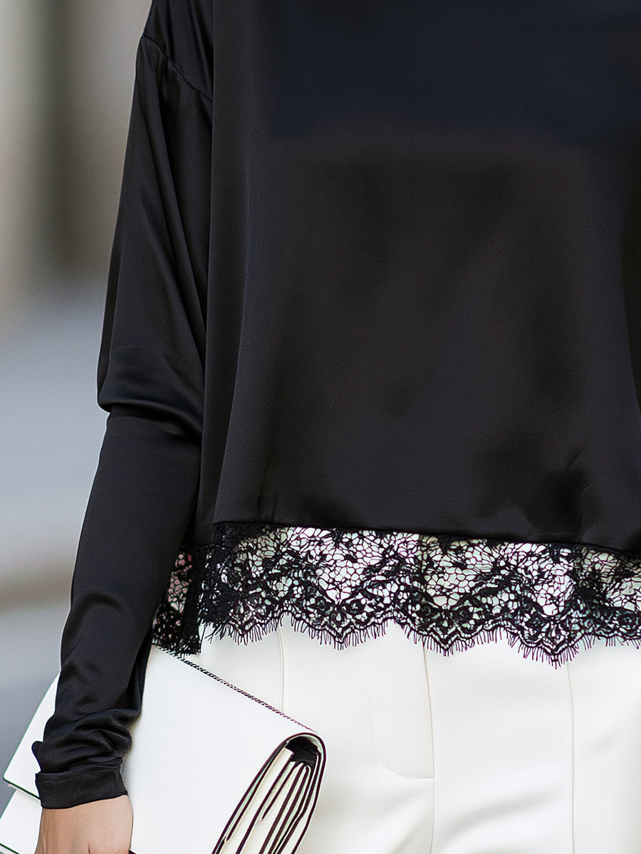 Lace-Trimmed Turtleneck Relaxed Blouse