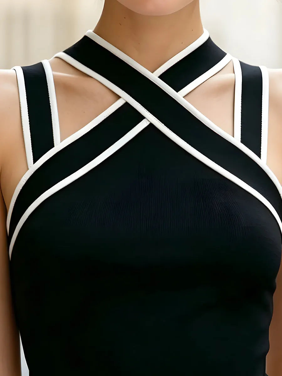 Contrast Trim Cross-Strap Halter Neck Fitted Top