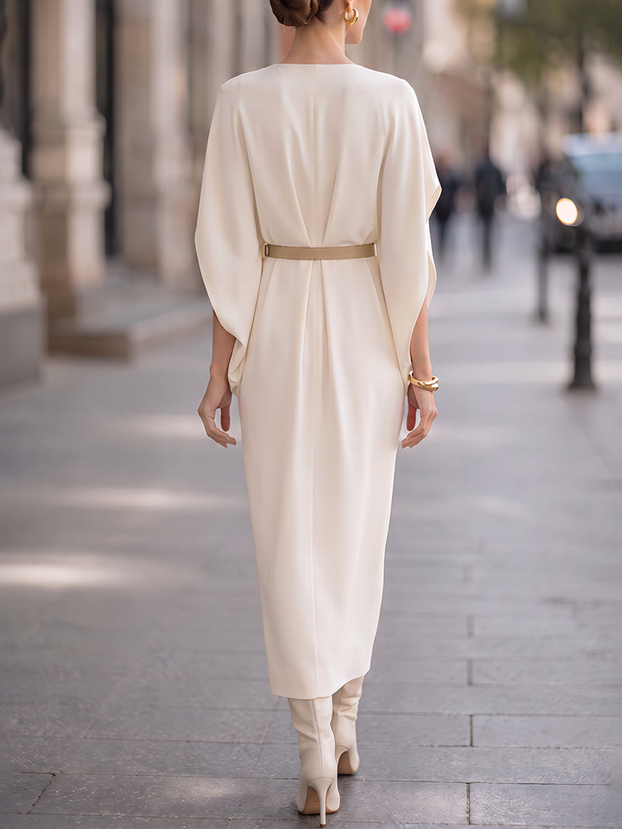 Midi Dress A Belt Cape Sleeves A Cowl Neckline