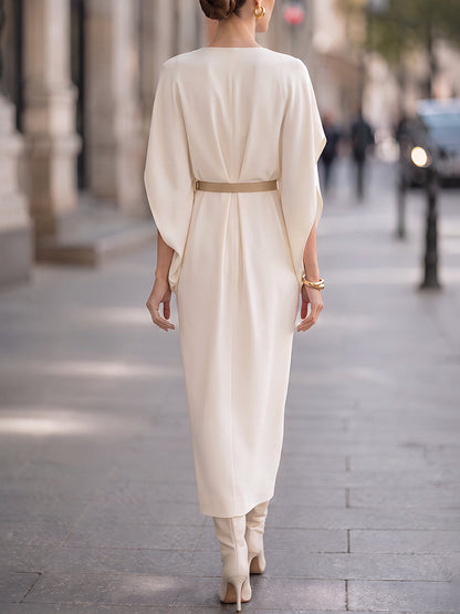 Midi Dress A Belt Cape Sleeves A Cowl Neckline