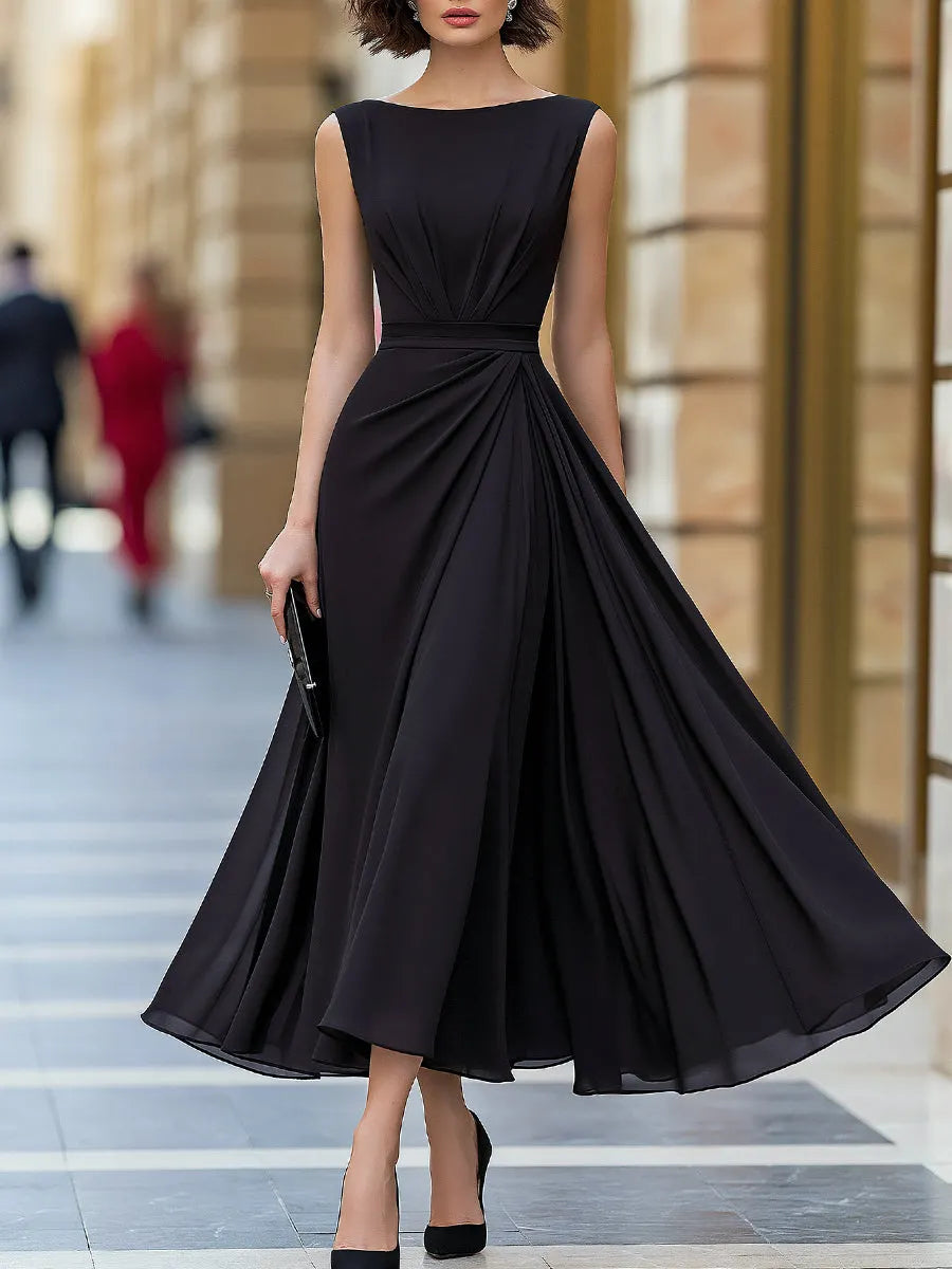 Sleeveless Chiffon Pleated A-Line Midi Dress